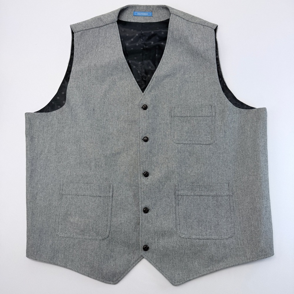 Solovedress Mens Grey Herringbone Wool Blend Vest Waistcoat 3XL Polka Dot Lining
